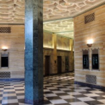The black and white checkerboard floor is a common Art Deco motif.
